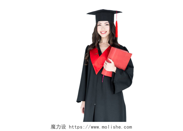 白色背景上抱着毕业证开心的女博士学生举行书 